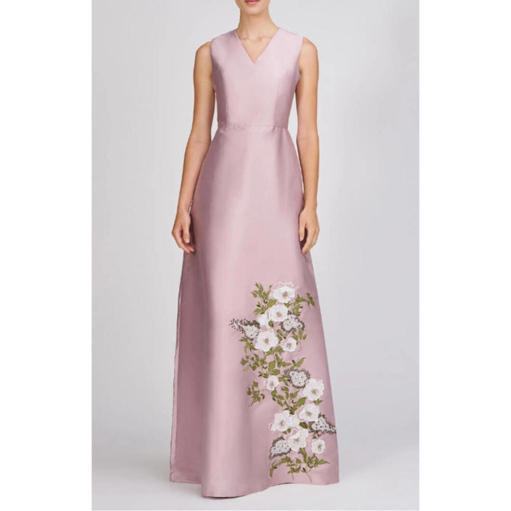 Kay Unger Dusty Rose Floral Appliqué Satin Gown
